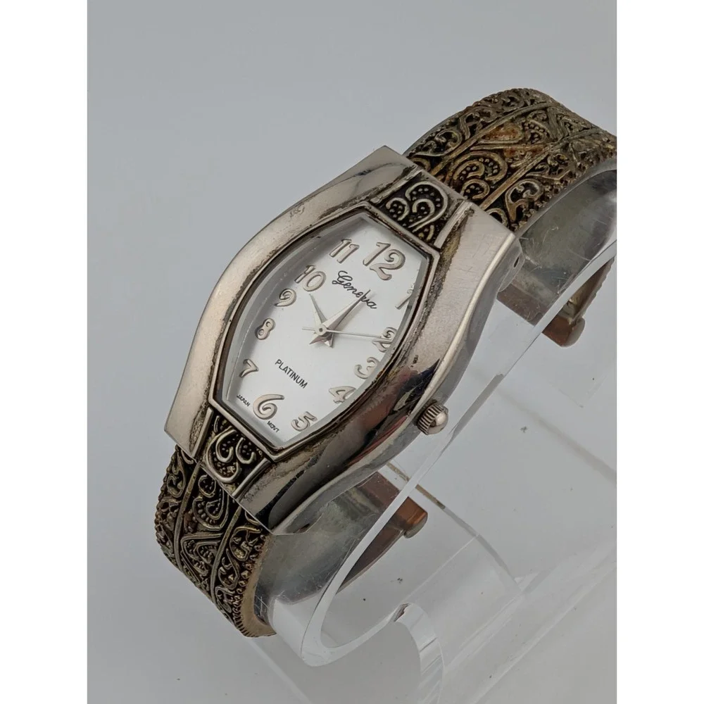 Geneva Platinum Silver Tone Watch Scroll Details‎ Open Cuff Bangle- New Battery